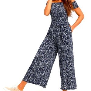 Lulus Behold Navy Blue Floral Print Off-the-Shoulder Jumpsuit